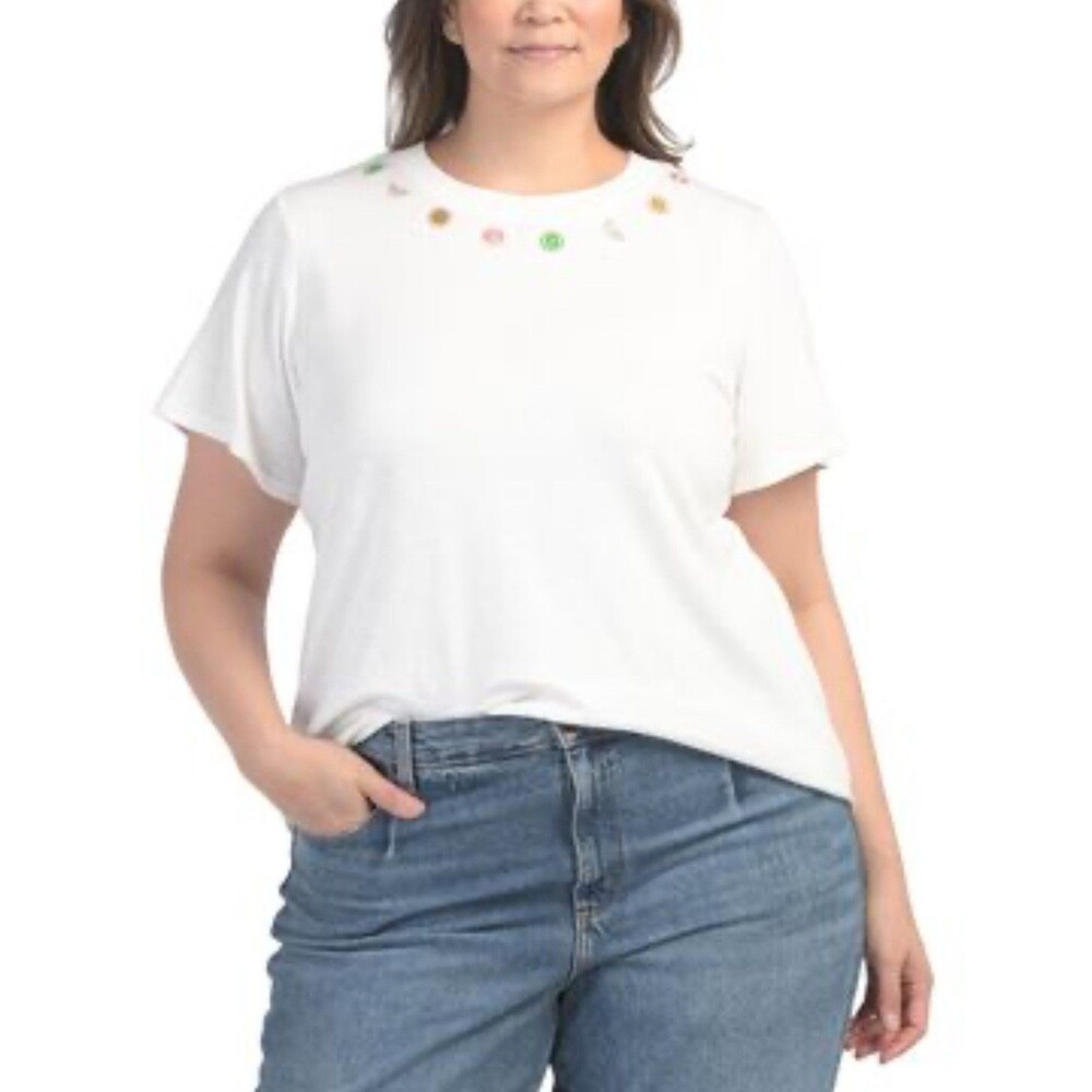 Rose & Olive Women’s 2X White T-shirt Embroidered Fruit Detail
